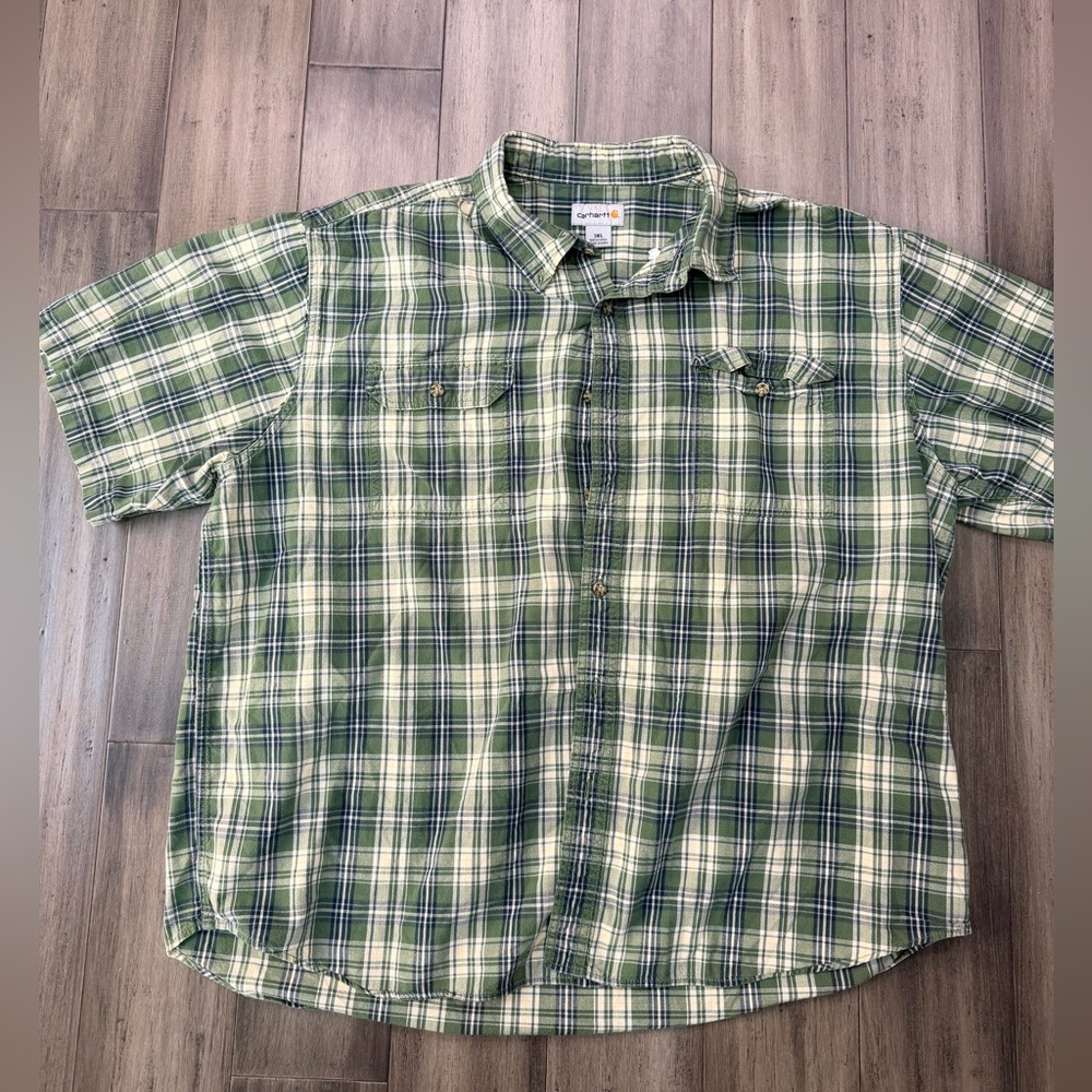 Carhartt Button Down Shirt Mens Large Short Sleeve Green Plaid Cotton S277 3XL